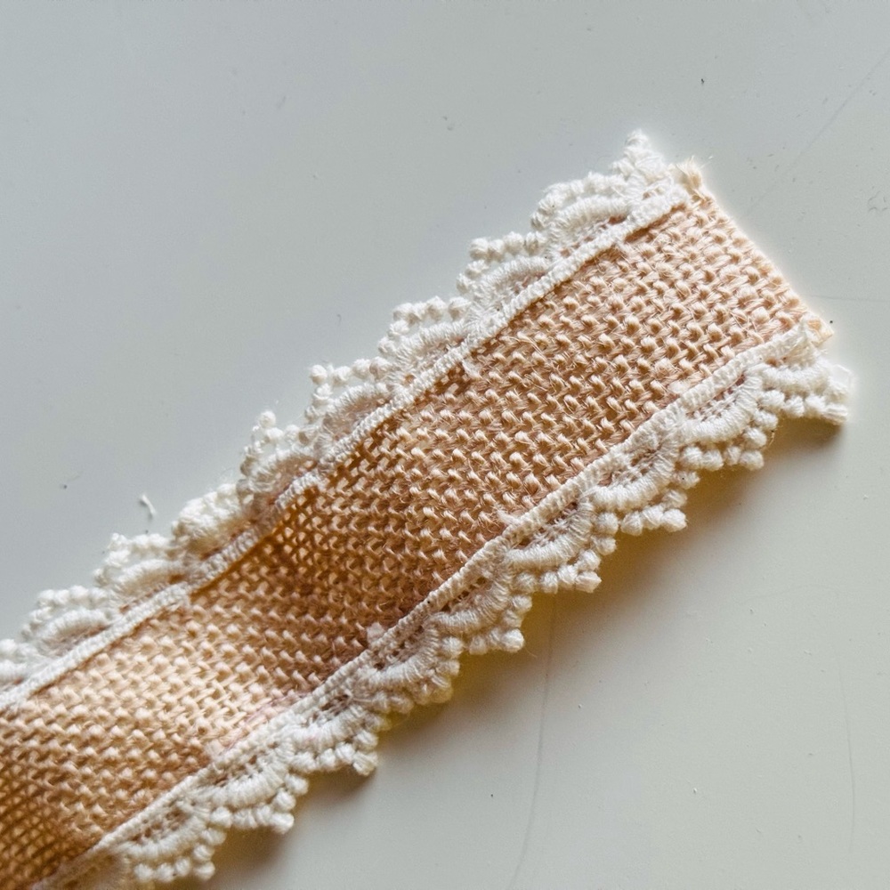 SHABBY CHIC 2” Jute Burlap Ribbon w Cream Lace Trim Cottagecore Tan & White
